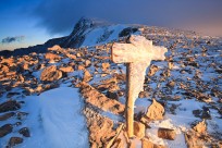 hallett peak, sign, ice, cross, flattop